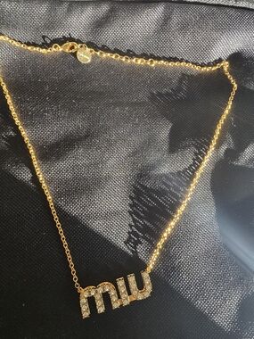 MiuMiu Gold-tone Crystal Lettering Necklace